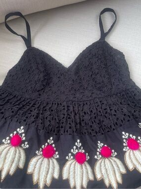 leifsdottir Black Crochet Camisole with Pink Pom Embroidery